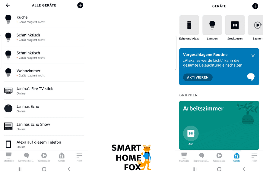 Man sieht die Alexa App auf dem Smartphone und es werden Routinevorgänge für die unterschiedlichen smarten Lichter festgelegt.